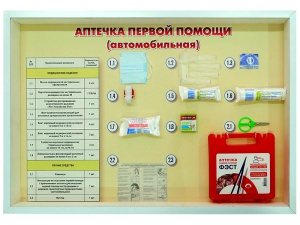 Стенд "Аптечка первой помощи (автомобильная)" (образцы под оргстеклом) - fgospostavki.ru - Минусинск